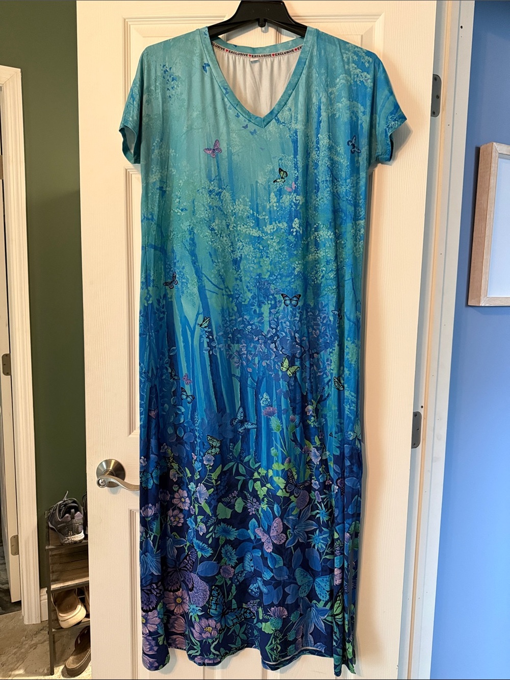 Blue Gradient Butterfly & Floral Maxi Dress